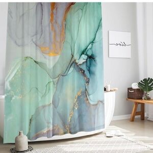 Gibelle Abstract Marble Shower Curtain, Blue Green Purple Jade Texture Gold Stri